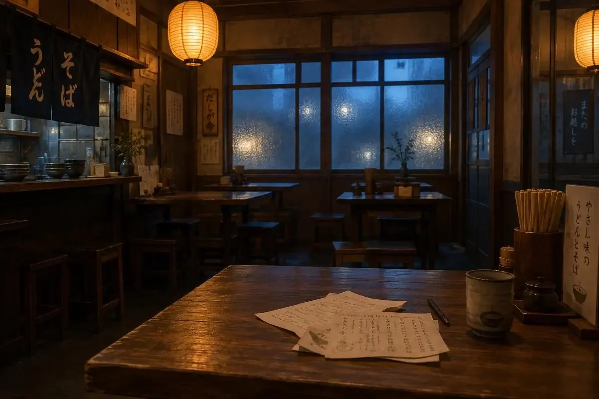 深夜老城区小面馆,暖黄纸灯笼照着木桌上的热汤面,窗外下着雨